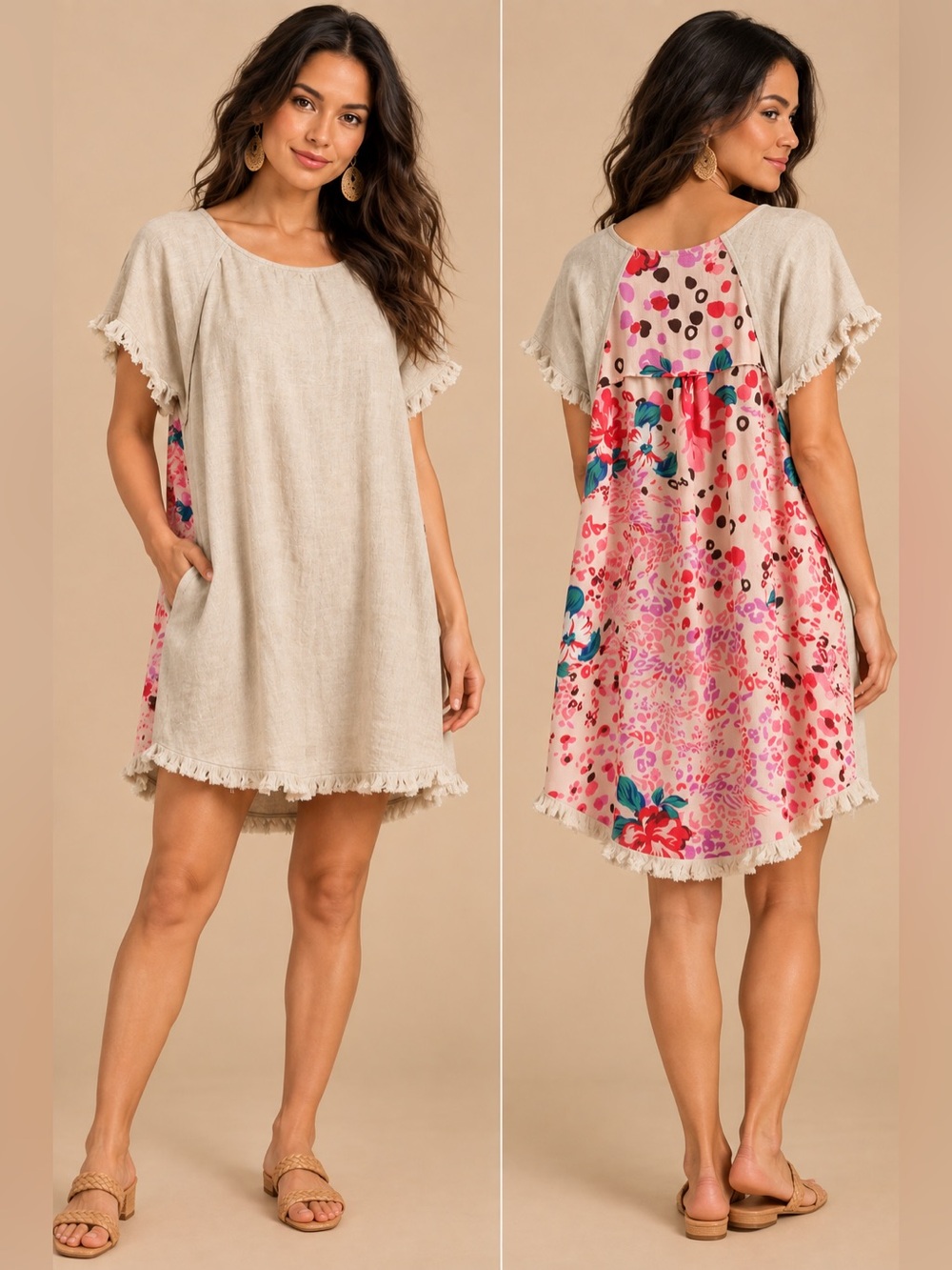 Umgee USA Linen Blend Floral Contrast Shift Dress 1XL Boho Fringe